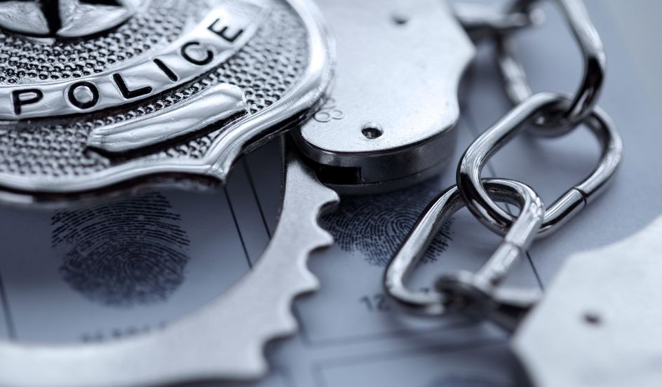 police badge handcuffs and fingerprint