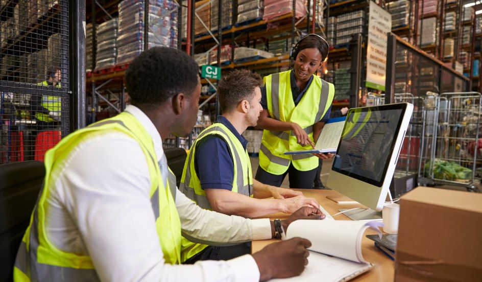 group in factory with logistics being planned