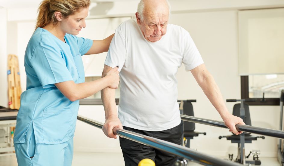 physiotherapist helping senior male with walking assistance