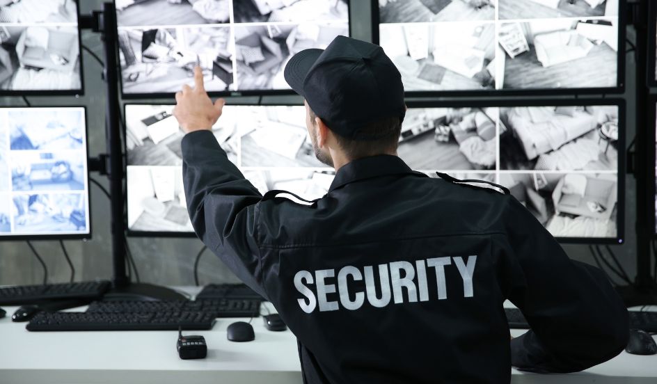 back of security guard pointing to monitors