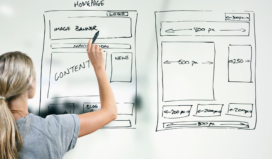 website developer drawing out website design on whiteboard