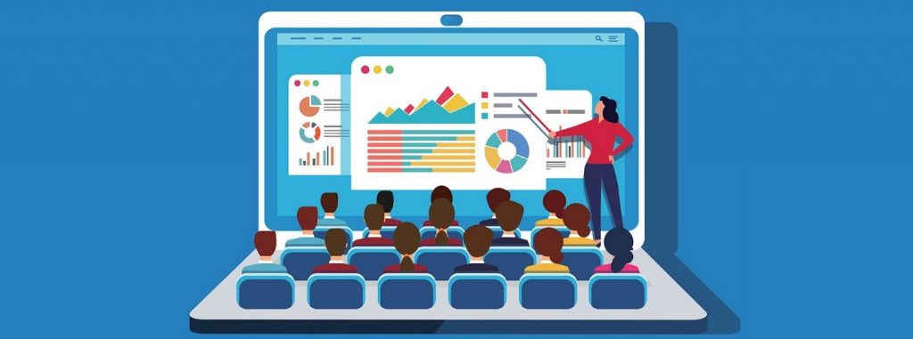 graphic of a laptop with a classroom and teacher instructing