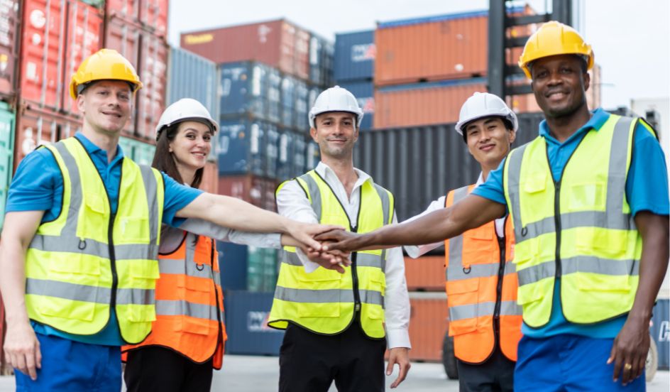 from left to right, a man, woman, and three other men wearing safety vest, standing in front of shipping containers with their hands together in the middle 