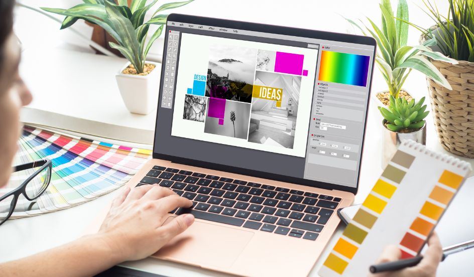 a man sitting in front of a laptop showing a colour palette and different images