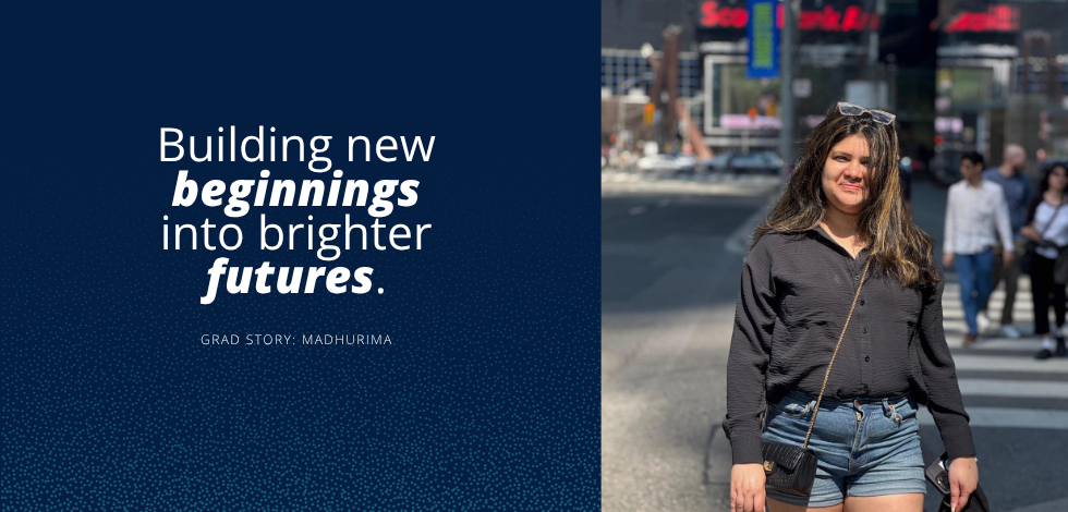 A story about Madhurima's digital marketing career change with her photo. The text says Building new beginnings into brighter futures. Grad Story: Madhurima